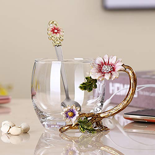 Enamels sunflower Lead-free Glass Coffee Mugs Tea Cup with Steel Spoon, Flower Tea Cup Gifts for Her Mum Teacher Friend Handmade Glass Coffee Mugs Valentines Christmas Birthday Mothers Day (short)