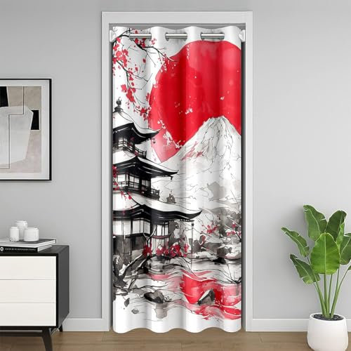 Homewish Rideau de Porte Mont Fuji Style Japonais Rouge Soleil Rideau de Porte Ukiyo E Thème Rideau D'Ombre Montagne Sakura Peinture À L'Encre Rideau de Porte de Placard 86x203,Noir Blanc Rouge