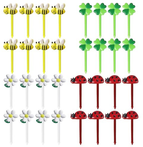 32 brochetas de frutas, bonitos palillos de dientes de dibujos animados, brochetas de fruta de mariquita de flores, púas decorativas, mini selecciones antideslizantes