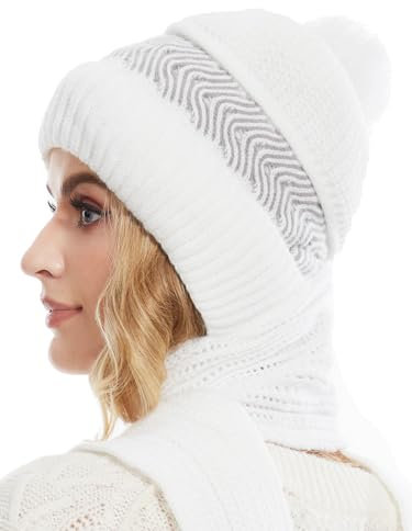 Knuffnee Damen Winter Warme Mütze Winddichter Kapuzenschal Weiche Strickmütze Fleece Gefüttert Mütze Schal 2 in 1 Weiß