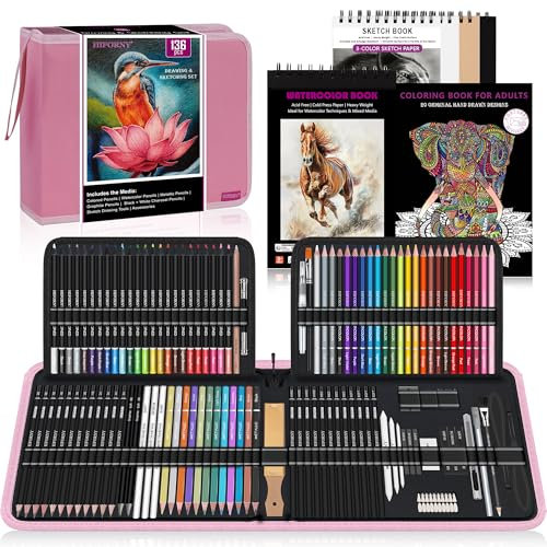 HIFORNY Juego de 136 Piezas de Dibujo y Boceto,Suministros de Arte Profesional con Lápices de Grafito,Carbón,Colores,Acuarela,Metálicos, y Herramientas de Dibujo (Rosado