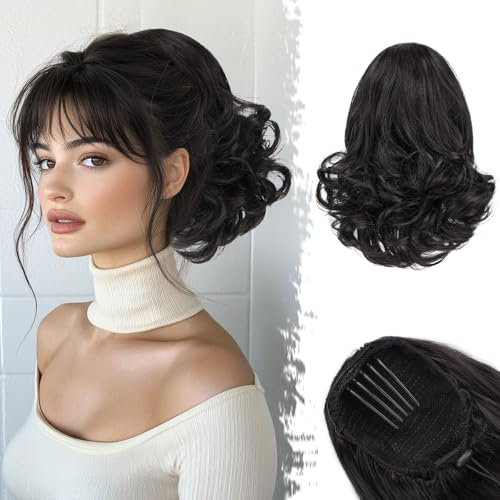 BARSDAR Ponytail Extension mit Kordelzug, 25cm Kurzes Wellige Zopf Pferdeschwanzverlängerung Schwarz Braun Haarverlängerung für Damen Synthetisch Comb Clip in Pferdeschwanz Haarteil - Schwarz Braun