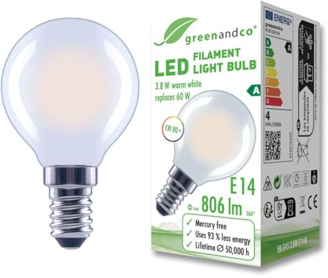 greenandco Glühfaden LED Lampe | matt | E14 G45 | 3,8W 806lm | ersetzt 60W | 2700K warmweiß | 320° | 230V | flimmerfrei | Energieeffizienzklasse A | nicht dimmbar