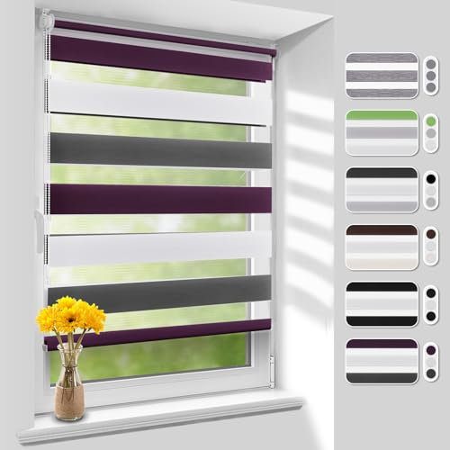 Homland Doppelrollo Klemmfix ohne Bohren B50 x H140 cm(Stoffbreite 45cm) Weiß-grau-lila, Duo Rollo, Rollo Klemmrollos lichtdurchlässig & verdunkelnd, Verstellbar Fensterrollo Sonnenschutz