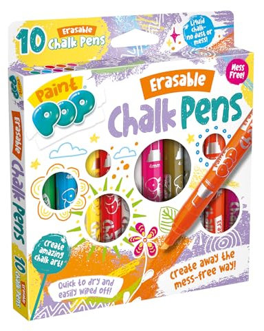 Paint Pop - Erasable Chalk Pens For Kids - 10 Assorted Smooth Liquid Colours - For Fun Outdoor Play & Creative Chalk Projects - Use on Non-Porous Surfaces, Dust & Mess Free, Quick Drying - 3+ Years