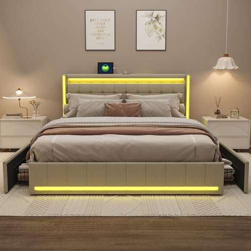BHFFTHK Polsterbett Doppelbett 160x200 mit Stauraumbett 4 Stauraum Schubladen mit Doppelbett mit LED Kopfteil und USB Ladefunktion,Modern Bett Jugendbett Bettgestell mit Lattenrost,Leinen,Beige