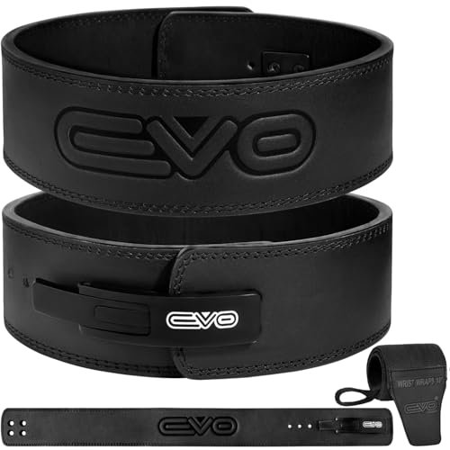 EVO Fitness Weight Lifting Belt with Lever Buckle Gym Leather Padded Lumbar Back Support Powerlifting Bodybuilding Deadlift Workout Training Dip Belts with 18 Wrist Straps for Men Women (Black, XL)