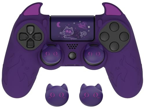 PlayVital Funda de Silicona para ps4 Mando - Cubierta Protectora Antideslizante con Tapas de Joystick, Carcasa de Goma para ps4 Slim/Pro, Diseño Cute Demon (Violeta)