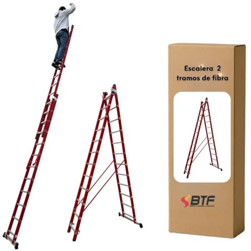 BTF | Escalera de Fibra de Vidrio 2 tramos 3,5 MTS, de 12 peldaños x Tramo | Escalera Transformable y Extensible | Altura alcanzable Aprox. 6,0 Metros | Certificada EN131 - Carga 150 kg. BTF-EDFE6635