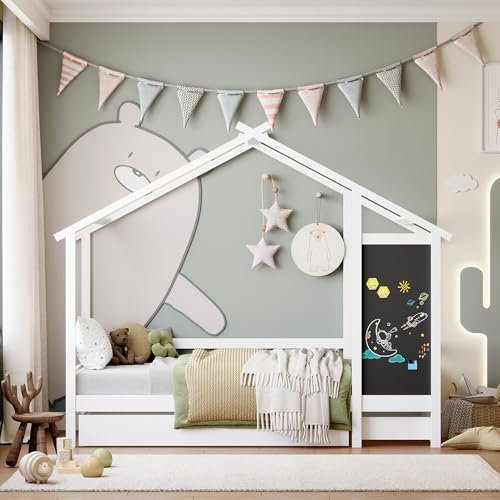 WOBOPCG Kinderbett 90x200 Hausform, Kinder Bett mit Rausfallschutz, Kinderbett mit Schreibtafel, Bodenbett für Kinder, Bodenbett mit Ausziehbett, Massivholzbett mit Schubladen(Stil 3, Weiß)