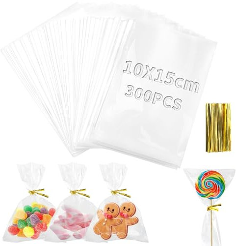 TXXATX 300 Stück Cellophantüten 15x10 cm Süßigkeiten Tüten Durchsichtige Tüten Kekstüten Transparent Zellophantüten Kleine Tüten Geschenkbeutel mit Krawatten für Brot Biscuit Schmuck Hochzeit Party