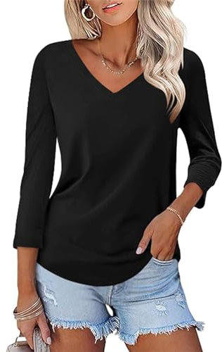 Rapbin Black Tops for Women Solid Shirts V Neck Tunic Blouse 3/4 Long Sleeve Basic Casual Business Tops Summer 2025
