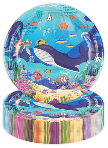 HFBOBP 50PCS Ocean Party Plates Birthday Decorations, 7 Inch Under the Sea Paper Dessert Plates Disposable Sea Animals Tableware Set for Birthday Baby Shower Party Supplies