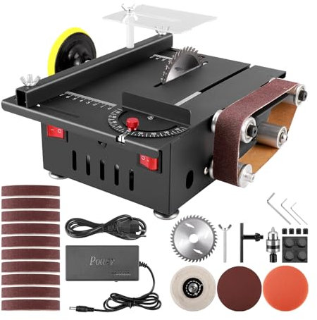 300W Mini Tischkreissäge mit Bandschleifer, Kleine Tischsäge für Holzarbeiten mit 10 Ersatz-Schleifbändern, Schleifscheibe, Wollkugel & Schwammrad, Tischsägen & Mini Schleifscheiben-Maschine für DIY