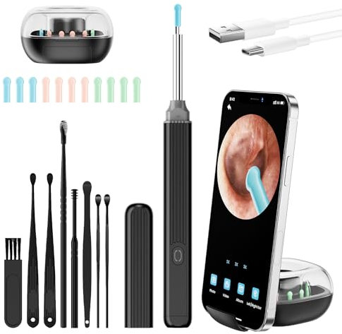 PKBD 1920 HD Ear Wax Removal Camera Otoscope Tool Ear Cleaner Kit Earwax,Storage Box, Mobile Phone Holder, Upgraded Stable-Chip Otoscope, Anti-Shake, Adults/Kids, Black