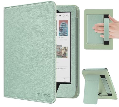 MoKo Housse pour 6 Kobo Clara BW/Clara Colour/Clara 2E,Coque Mince en PU Housse Protectrice avec Auto-Wake/Sleep, Fente pour Carte, Lanière pour la Main et Support Pliable, Litchi Vert Téquila