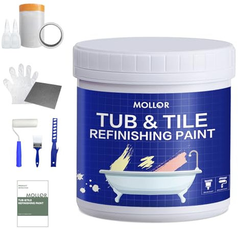 Mollor Kit de rajeunissement baignoire & carreaux avec outils, Peinture carreaux blanche 1kg à base d'eau, faible odeur, Peinture baignoire DIY, Salle de bain, cuisine, Blanc semi-brillant, 4.6-5.6m²