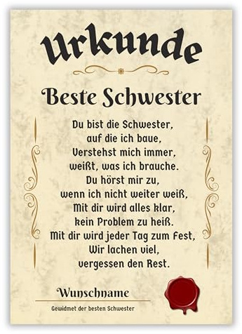 Palanemo Urkunde Beste Schwester Geschenk Personalisiert Geburtstag Lustig Poster Karte DIN A4