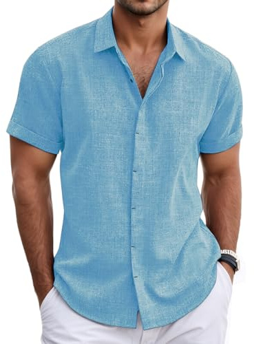 Neteson Chemise Lin Homme Manches Courtes Chemises Été Plage Shirt | Chemisette Boutonnée Coupe Régulière Couleur Unie Tee Shirt Décontracté