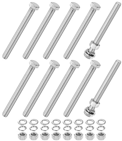 M METERXITY Lot de 10 boulons à tête hexagonale avec écrous plats et rondelles de verrouillage M12 x 120 mm en acier inoxydable Kit de boulons et écrous métriques entièrement filetés pour équipement