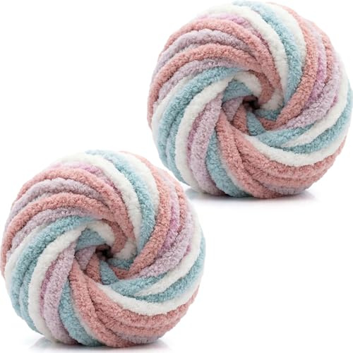 Xtrillogen 500g(2 x 250g) Dicke Wolle zum Stricken,Chenille Wolle zum Häkeln,Häkelgarn Baumwolle,Flauschig Chunky Yarn,Knitting Chenille Garn,Weben von Taschen,Schal,Decke(Fallende Kirschblüten)