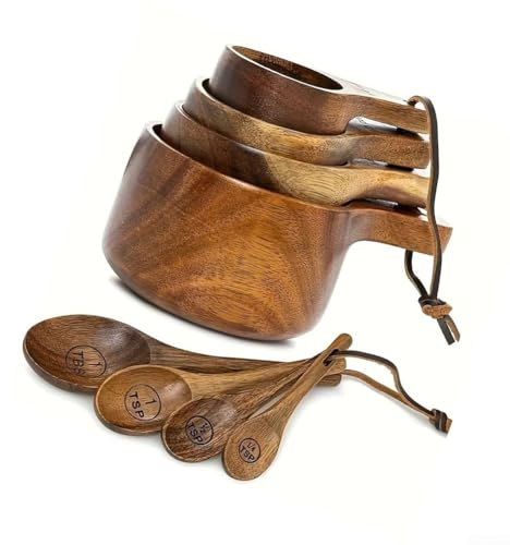 Caswynlife Wooden Measuring Cups And Spoons Set, 8-Piece Acacia And Beech With Engraved Markings, Rustic Farmhouse Style For Baking And Cooking Essentials(2 Set)