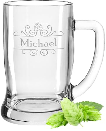 Gravur-Max Leonardo Bierkrug 0,5L mit Gravur & Name – personalisiertes Bierglas „Hopfen Ranke“ – Bierkrug personalisiert – spülmaschinenfest –Geschenk für Männer