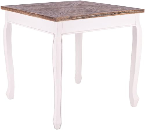 CLP Mesa de Comedor Cuadrada 80x80 cm Lindon, Mesa de Cocina Estilo Rustico, Tablero Cuadrado de Madera Maciza de Olmo, Patas Estilo Shabby Chic, Color:Blanco/marrón