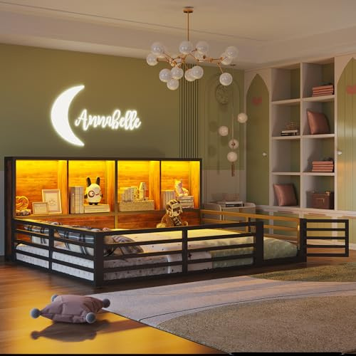 Yrxin Kinderbett Bodenbett 140x200 mit Rausfallschutz & Lattenrost, Montessori Bett Hausbett mit 4 Staufächer & LED-Beleuchtung & Tür, Gitterbett Metallbett Bettgestell Spielbett (Schwarz, 140x200CM)