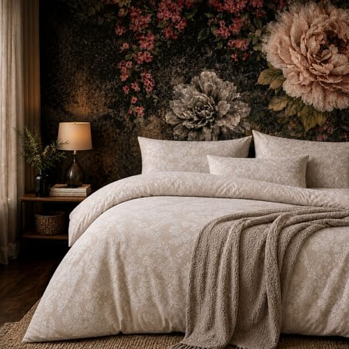 Bettwäsche 200x200 cm 3-teilig – Beige Creme Bettbezug mit Elegantem Spitzen & Ornament Muster – 1x Bettbezug 200x200 + 2x Kissenbezüge 80x80 – Renforcé Baumwolle – Ganzjahresbettwäsche, Ornella