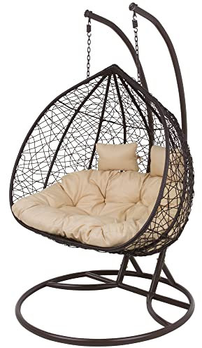 PATIO Hängesessel 2 Sitzer Hängestuhl mit Gestell 2 Personen Indoor Outdoor bis 200 kg beige Auflage und 2 Kopfkissen brauner Korb aus Polyrattan Stahlgestell Marcel Wenge 2-Sitzer