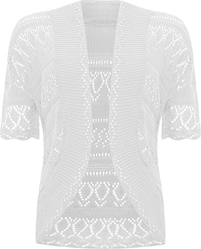 WearAll Womens Plus Size Crochet Knitted Short Sleeve Ladies Open Cardigan Top - White - 16-18