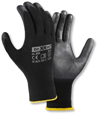 texxor 12 Stück Polyester-Strickhandschuhe 2404, PU beschichtet, Packung, schwarz, 9/L, Strickhandschuhe, Arbeitshandschuhe, Schutzhandschuhe