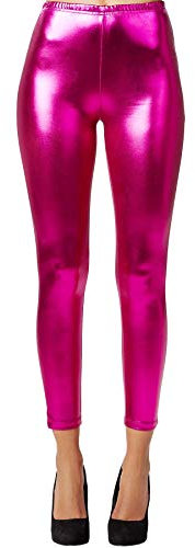 dressforfun 901008 Damen Metallic Leggings, glänzende Hose mit hoher Taille, Shiny Leggings im Wet Look für Party Tanz Disco Kostüm Fasching Karneval - Diverse Größen - (L | pink | Nr. 303614)