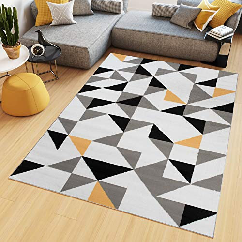 TAPISO Maya Teppich Kurzflor Wohnzimmer Schlafzimmer Weiß Grau Gelb Schwarz Modern Geometrisch Dreiecke Esszimmer Büro ÖKOTEX 130 x 190 cm