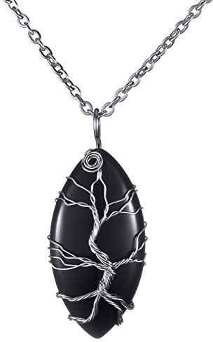 Thajaling Colgante de obsidiana negra Collar con colgante de cristal curativo de Reiki Vintage Collar de chakra de piedras preciosas envuelto en alambre de árbol de la vida plateado