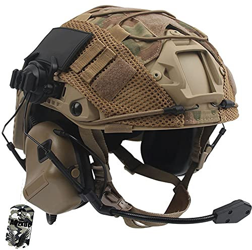 AQzxdc Casque Militaire Rapide, avec Écouteur Tactique et Ensembles de Tissus pour Casque, pour Airsoft Paintball, Halloween, équipement de Protection Cosplay,Beige,M