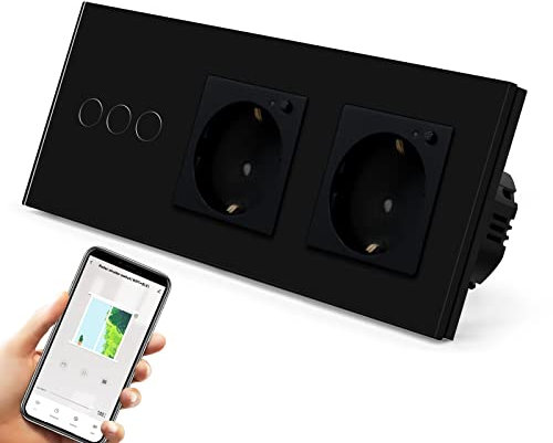 BSEED Interruptor Persiana WiFi,interruptores tactil empotrado,Inteligente Control de Porcentaje,Panel de Cristal,Control Remoto,Requiere Cable Neutro,Persiana + 2 Wifi Enchufes,228mm Negro