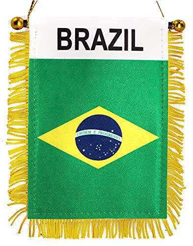 Anley Drapeau Suspendu à Fenêtre Fringy Brésil 4 X 6 Pouces - Mini Drapeau Bannière & Décor de Rétroviseur de Voiture - Frange & Double Face - Drapeau Suspendu Brésilien avec Ventouse