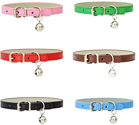 JZK 6 x Leather cat collars with removable bell durable metal buckle soft adjustable pet collars for kitty, puppy, small dogs