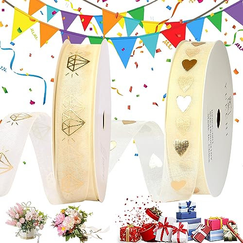 dcas 2 Rollen Geschenkband Gold 9 Meter, Gold Schleifenband Dekoband Liebe Hearts, Organzaband Hochzeit Deko, Glitzer Metallic Dekoband, Herz Bedruckt Satinband Gold (Diamant+Herz)