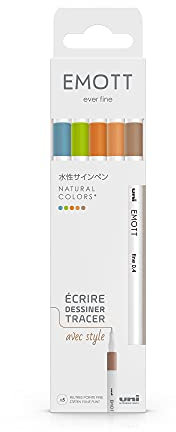 Emott Uni Ball – Uni Mitsubishi Pencil – 5 Filzstifte Natural Colors – zum Schreiben, Zeichnen, Plotten mit Stil – feine Spitze 0,4 mm – Hellgrün, Sachsenblau, Beige, Orange, Lachsrosa