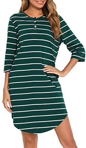 Vlazom Women's Nightdresses Soft Cotton Nightshirt Stripe 3/4 Sleeve Sleep Dress Sleepwear with Pockets, Dark Green, S