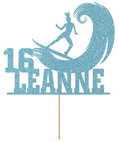 Personalised Surfer Wave Surfing Glitter Cake Topper Lt Blue Any Custom Age & Name Glitter Cake Decoration and Sprinkles - Happy Birthday Decorations - Personalised Toppers for Cakes by Cakeshop