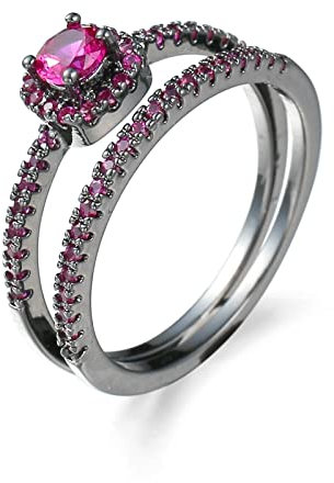 BCughia Ring Schwarz, Damenringe mit Rotem Stein Rot Runden Zirkonia Schwarz Rhodiniertes Silber Doppelring mit Rotem Zirkon Verlobung Ring 57