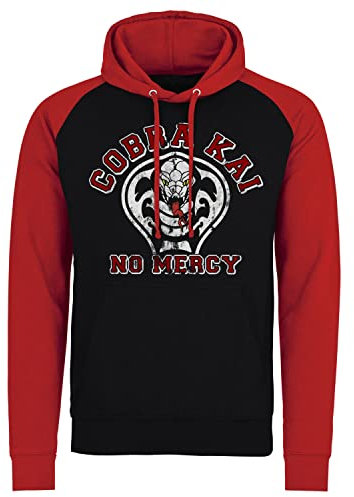 Cobra Kai Offizielles Lizenzprodukt No Mercy Baseball Kapuzenpullover (Schwarz-Rot), Large