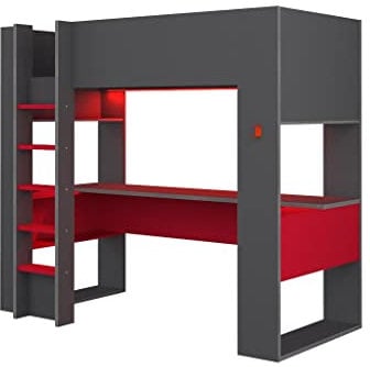 Vente-unique Hochbett mit Gaming-Schreibtisch & Stauraum mit LEDs - 90 x 200 cm - Anthrazit & Rot - NOAH