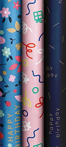 levandeo 3er Set Premium Geschenkpapier 70x200cm Geburtstag Happy Birthday Nachhaltig FSC Geschenk Geschenkbox Konfetti