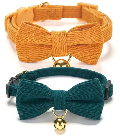 Petiry Soft Corduroy Cat Collars - Breakaway Kitten Collars with Removable Bow Ties & Gold Bells,Pack of 2,Green Orange