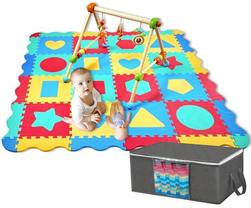 Cantoblanc® SPIELMATTE Baby PUZZLEMATTE Eva-Gummi+Aufbewahrungstasche. 36 Teile mit geometrischen Figuren und Kanten. Große und Dicke (140x140x1,2 cm). Baby Play Mat für Kinder. Krabbelmatte Boden